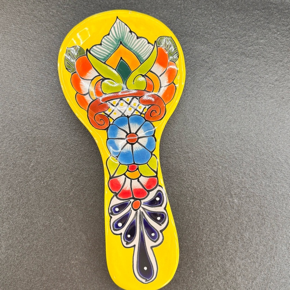 Talavera Mexican Pottery Yellow Spoon Rest Folk Art Colorful Made In Mexico
